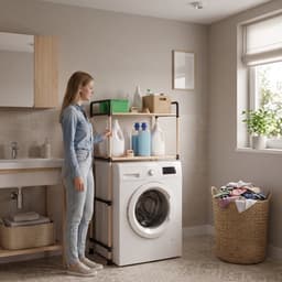 INDECOR Wasmachine Organizer Rek - Wasmachine Opbergrek met 2 Planken - Badkamer Opbergrek - Bovenbouwrek voor Wasmachine - Houten Opbergrek - 65 x 35 x 100 cm - Naturel/Zwart — thumbnail 2