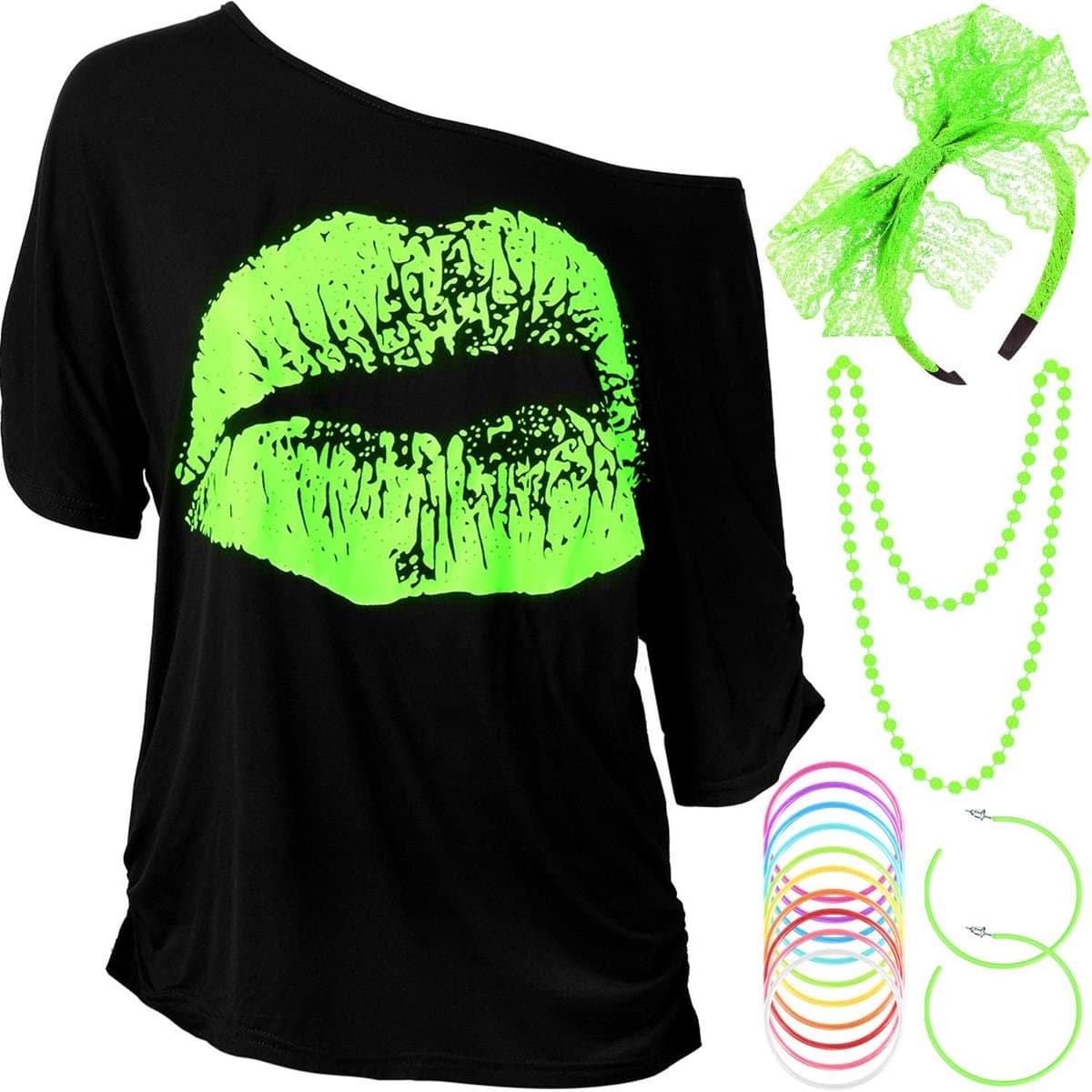 jaren 80 outfits kostuum accessoires voor vrouwen lippen print t-shirt kant hoofdband oorbellen ketting armband, Fluorescerend Groen, 3XL — afbeelding 1