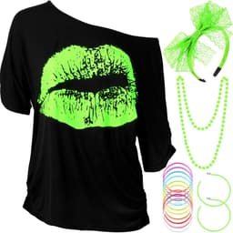 jaren 80 outfits kostuum accessoires voor vrouwen lippen print t-shirt kant hoofdband oorbellen ketting armband, Fluorescerend Groen, 3XL — thumbnail 1