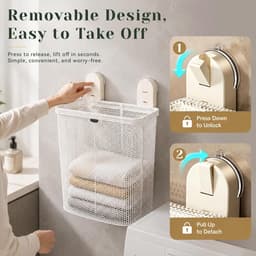 Wasmand om op te hangen, wasmand, zelfklevend, zonder boren, wandophanging met afneembare netzak, opvouwbare wasmand voor badkamer, kleine ruimtes — thumbnail 4
