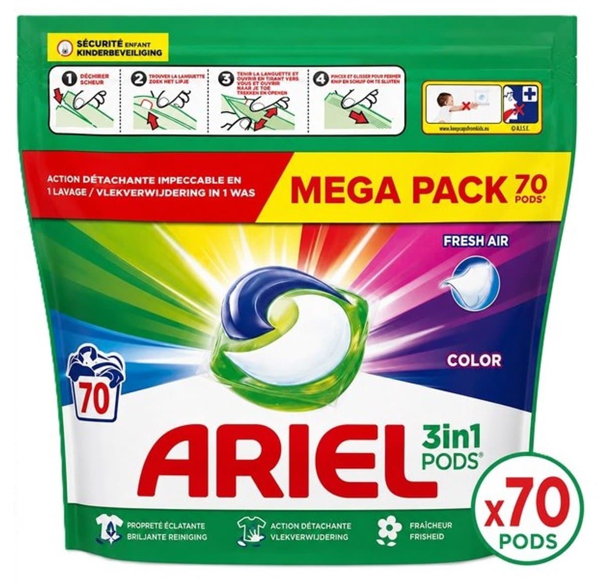 Ariel 3in1 Pods Color Fresh Air Wascapsules – 70 Pods – 70 Wasbeurten — afbeelding 1