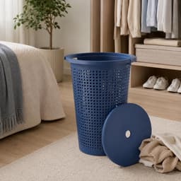 Storage Solutions Wasmand met deksel - blauw - 35 liter - 40 x 52 cm - kunststof - rond - wasbox - mand voor wasgoed — thumbnail 4