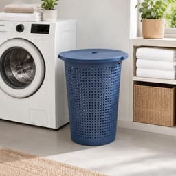 Storage Solutions Wasmand met deksel - blauw - 35 liter - 40 x 52 cm - kunststof - rond - wasbox - mand voor wasgoed — thumbnail 3