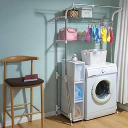 Opbergplank Boven de Wasmachine Toilet Opbergrek 2 Planken Badkamer Ruimtebespaarder Wasruimte Organizer met Ophangstang, Eenvoudige Montage, Verstelbare (62-101) x 173 x 48 cm, Ivoor — thumbnail 3