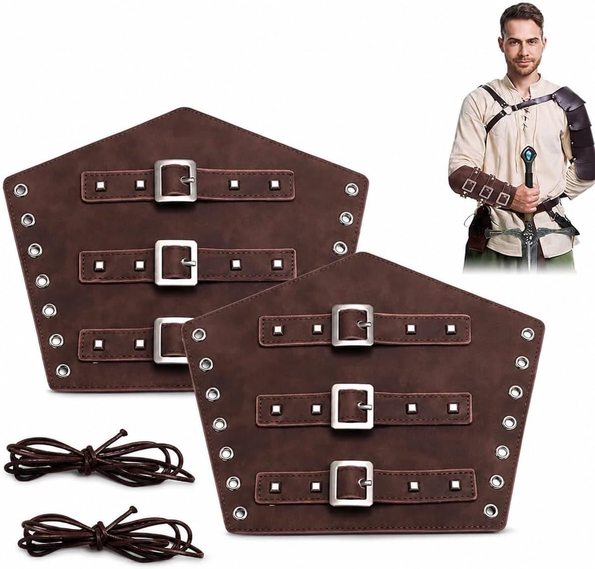 Armbeschermers set van 2 stuks – Viking stijl leren bracers voor mannen en vrouwen – verstelbare PU leren armstukken voor cosplay, carnaval, LARP, zwart — afbeelding 1