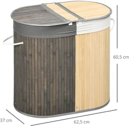ITRONIQ Wasmand Met Deksel 100 Liter - Dubbele Wasbox Met Twee Compartimenten - Uitneembare Waszak - Bamboe - Grijs Naturel — thumbnail 2