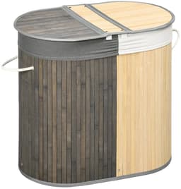 ITRONIQ Wasmand Met Deksel 100 Liter - Dubbele Wasbox Met Twee Compartimenten - Uitneembare Waszak - Bamboe - Grijs Naturel — thumbnail 1