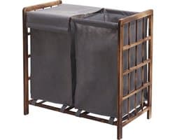 Wasbak MCW-B60, Wasbox wasmand, massief hout 2 vakken 60x60x33cm 68l ~ bruin, grijs deksel