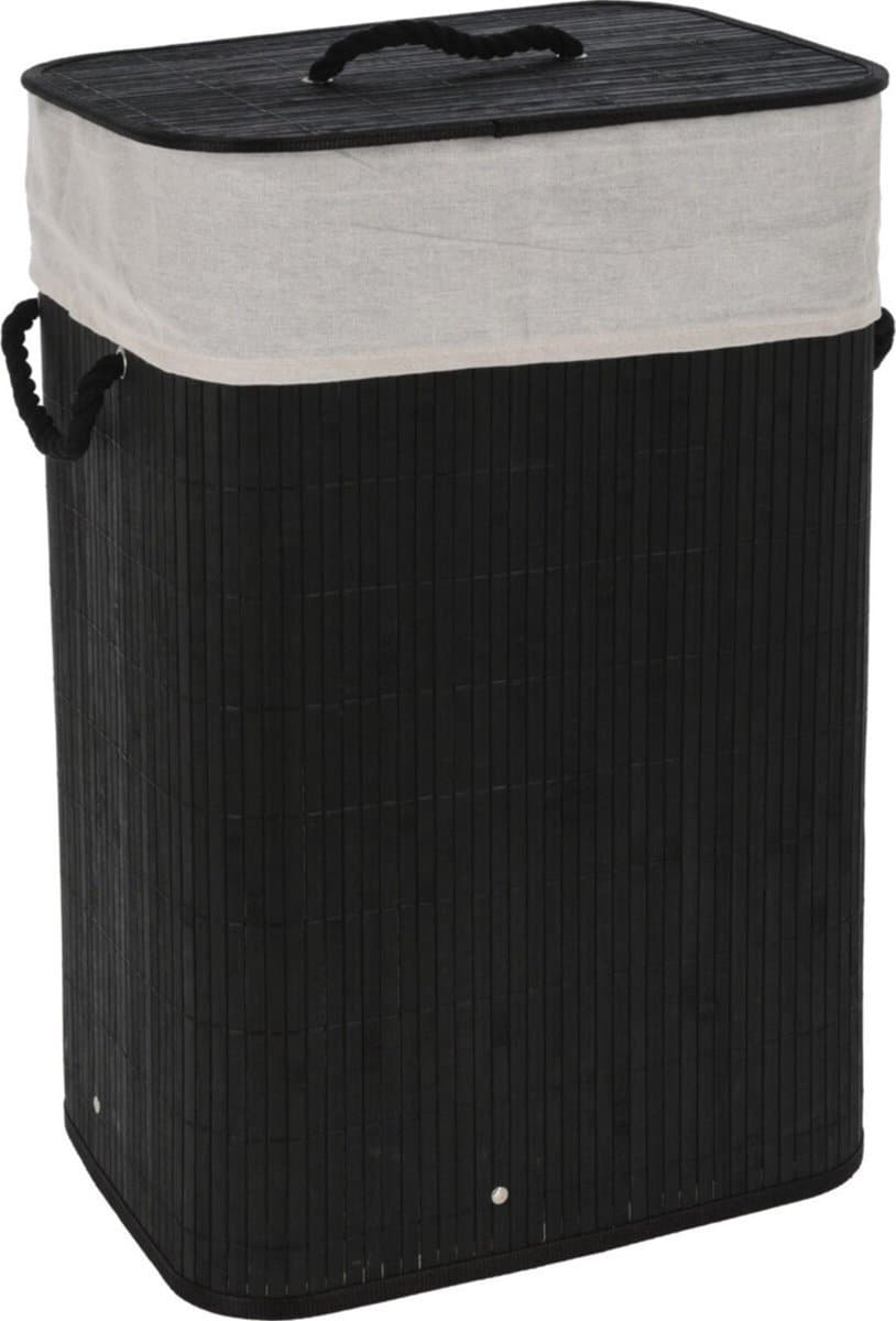 Storage Solutions Wasmand - bamboe hout - met deksel - zwart - 40 x 30 x 60 cm - 70 liter - opvouwbaar — afbeelding 1