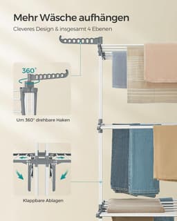 FurnStar - Drying Rack - Standing Drying Rack - 4 levels - Wing Washing Rack - Folding Wings - With Wheels - 64 x 126 x 172 CM — thumbnail 5