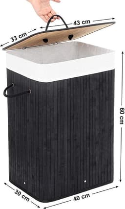 Parya Home - Bamboe Wasmand met Deksel, Katoenen Zak en Handvaten - 72L - Zwart — thumbnail 3