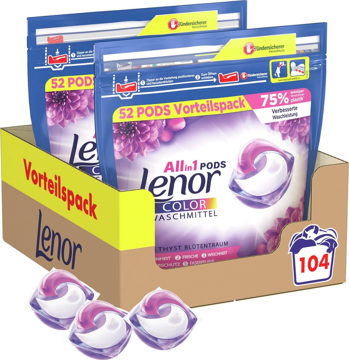 Lenor All in 1 Wasmiddel Pods Amethist & Bloemen Boeket - 2x52 Wasbeurten - Voordeelverpakking — afbeelding 1