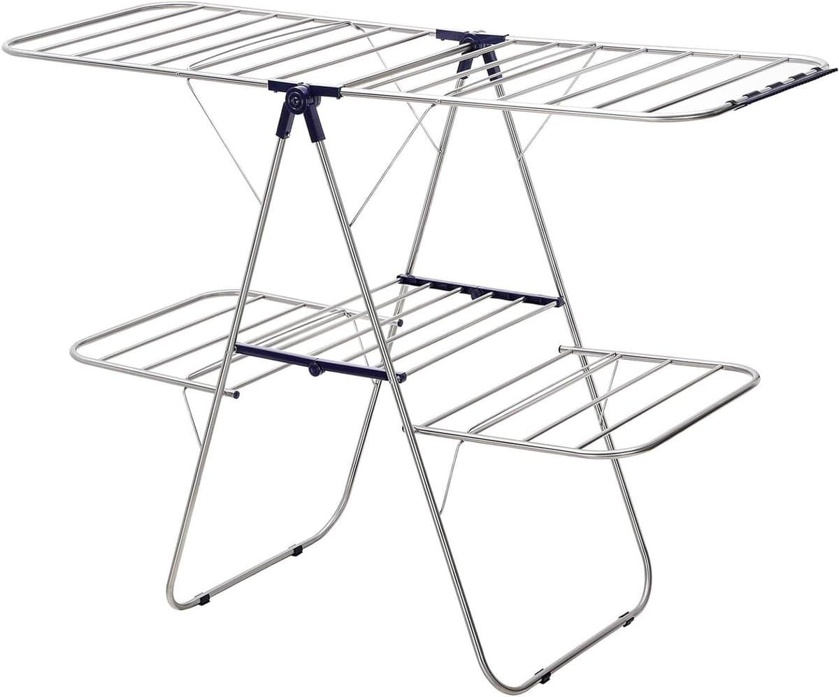 2-Tier Stainless Steel Clothes Dryer Rack with Adjustable Height Wings - Freestanding for Socks, Bed Linen, Clothing - Foldable and Stable - Blue - 156 x 61 x 113 cm — afbeelding 1