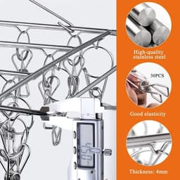 Socks Drying Rack with 30 Clips - Stainless Steel, Windproof, Foldable, Rectangular - Laundry Diaper Hanger, Dryer with Pins for Underwear, Bras, Scarves, Baby Clothes, Diapers — thumbnail 5