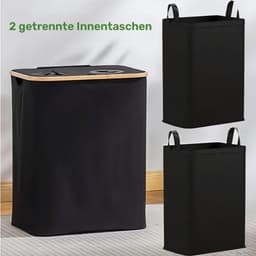 Wasmand met 2 uitneembare zakken- Wassorteerder - 140L - Met 2 gaten voor het sorteren van kleding - wasmand - Zwart — thumbnail 1