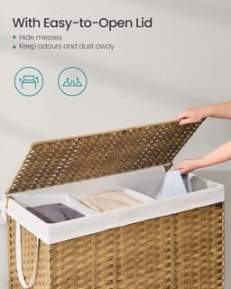 SONGMICS Wasmand 200 L, Kunststof Rattan Opbergmand met Deksel en Handgrepen, Wicker-look, Opvouwbaar, Uitneembare Voering, voor Dekens of Kleding in Woonkamer of Wasruimte – Naturel – Model LCB320Y01 — thumbnail 3