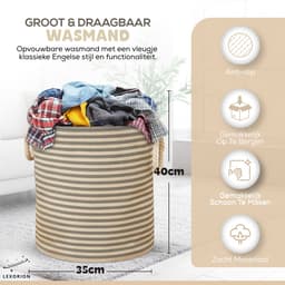 Terra - Wasmand - Wasmand Inklapbaar - Opvouwbare Wasmanden - 35 cm x 40 cm - Stijlvolle en Ruimtebesparende Wasmand voor Optimale Wasorganisatie - Engelse Stijl Wasmanden - Licht - Donkergrijs met Beige Strepen — thumbnail 2