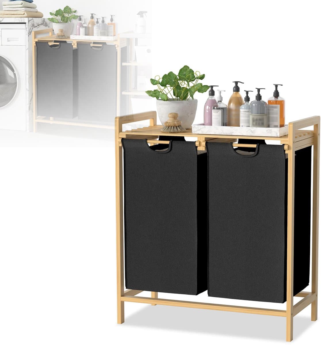 2x36L Wasmand – Oxford Stof met 2 Vakken, Afneembare Inzet – Zwart — afbeelding 1