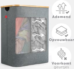 Blumtal Wasmand 140L - Wasmand met 2 uitneembare waszakkken - Wasmand met 2 vakken - Smalle wasmand - Flesverzamelaar - Wasmand met deksel - Grijs — thumbnail 5