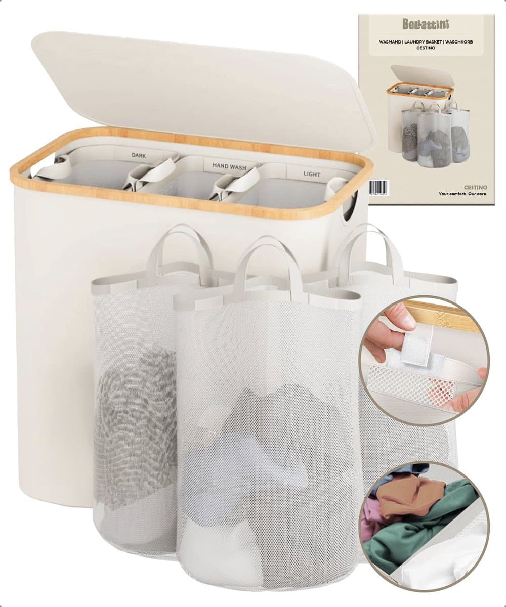 Bellettini® Opvouwbare Wasmand met Deksel - 3 Compartimenten - 600D Oxford Materiaal- Wassorteerder - 148 Liter - Beige — afbeelding 1