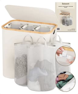 Bellettini® Opvouwbare Wasmand met Deksel - 3 Compartimenten - 600D Oxford Materiaal- Wassorteerder - 148 Liter - Beige — thumbnail 1