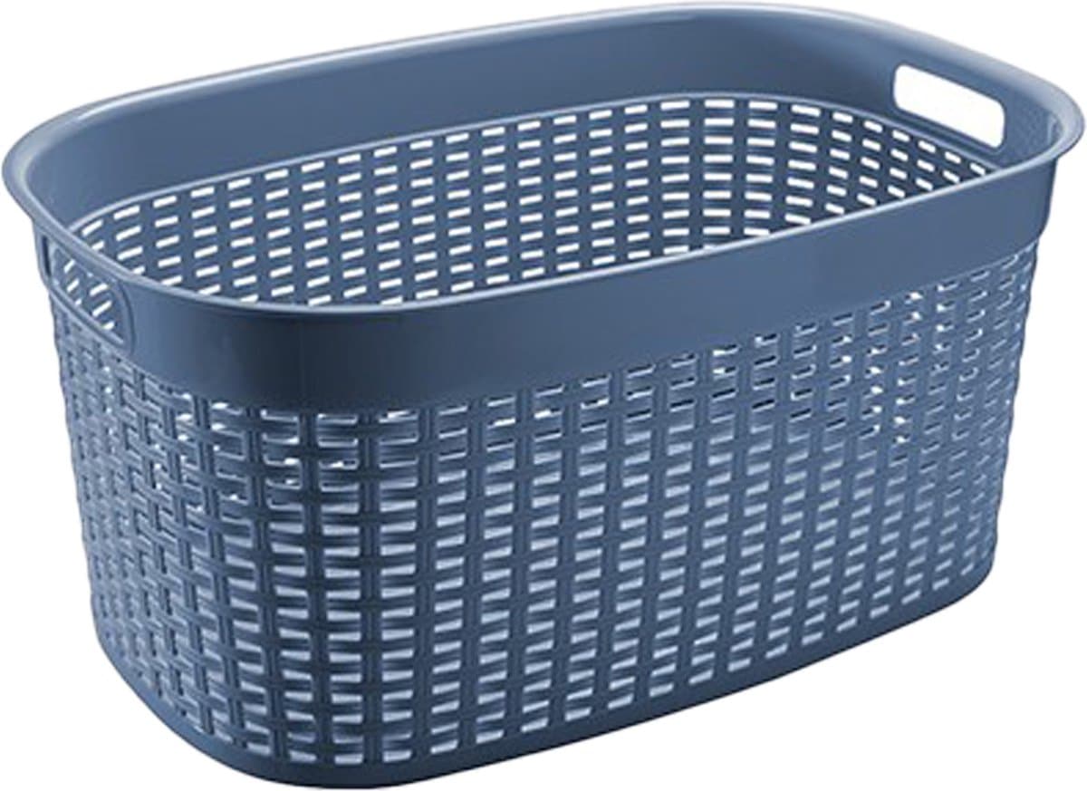 Hega Hogar Rotan line wasmand - blauw - inhoud 44 liter - kunststof - 58 x 39 x 27 cm - met handvatten — afbeelding 1
