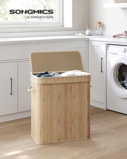 Wasmand met Deksel 100 liter Met Handgrepen - Wasverzamelaar Bamboe - Met Uitneembare en Machinewasbare Waszak - Voor Keuken, Slaapkamer, Woonkamer - Naturel - LCB063N01 — thumbnail 4