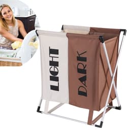 Wassorteerder - 60 L - Wasmand 2 Vakken - Opvouwbare Wasmanden - Wassorteerder 2 vaks - Aluminium Frame - Bruin - Wit — thumbnail 2