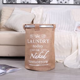 Ronde Wasmand met deksel- 50 L - Tekst LAUNDRY TODAY OR NAKED TOMORROW - Badkamer wasmand afsluitbaar - Waszak - Beige — thumbnail 4