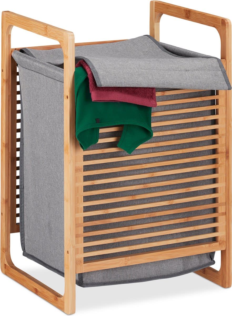 wasmand bamboe - hoekig - met deksel - 60 x 40 x 35 cm - natuur-grijs — afbeelding 1