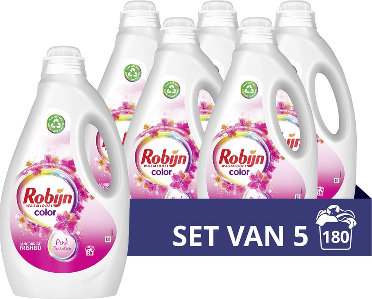 Robijn Color Pink Sensation Vloeibaar Wasmiddel - 5 x 36 wasbeurten - Voordeelverpakking — afbeelding 1