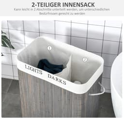 Clruro Waskorf - 100L - 2 Vakken met Deksel - Verwijderbare Waszak - Vouwbaar - Bambus - Grijs — thumbnail 5