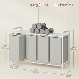 Wasmand 4-vaks sorteermand 116×33×72 cm Wit-grijs Met uittrekbare en afneembare waszakken Lattenrek voor ventilatie Stevig metalen frame Geschikt voor wasruimte, badkamer en slaapkamer — thumbnail 2