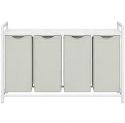 Wasmand 4-vaks sorteermand 116×33×72 cm Wit-grijs Met uittrekbare en afneembare waszakken Lattenrek voor ventilatie Stevig metalen frame Geschikt voor wasruimte, badkamer en slaapkamer — thumbnail 1