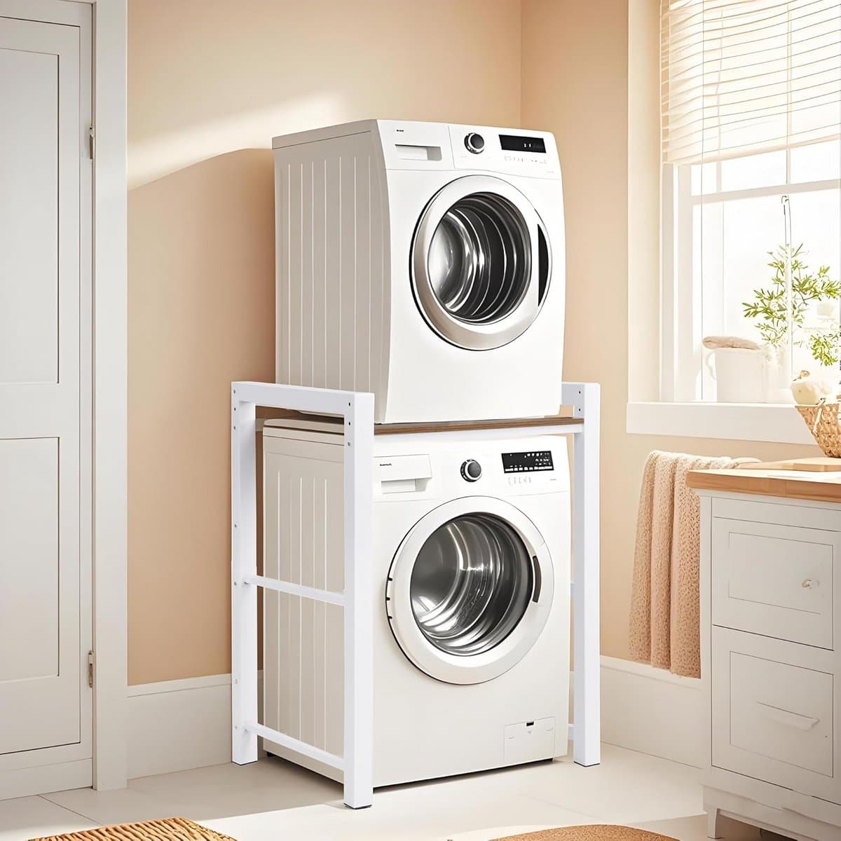 Wasmachinekast met droger 3-in-1 hoogte verstelbaar 300 kg opbergrek wit — afbeelding 1