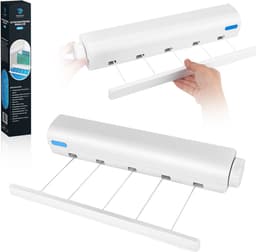 DHOENT PRODUCTS ® Uitschuifbare Waslijn – Telescopische Waslijn – Automatische Inklapbare Kledinglijn – Uittrekbare Drooglijn – Badkamer & Balkon – Ruimtebesparend – Wit – Inclusief Montage Set — thumbnail 1