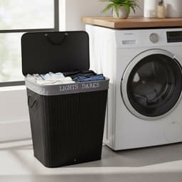 Wasmand 2 vakken - 105 l - bamboe - opvouwbaar - zwart — thumbnail 3