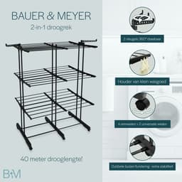 BAUER & MEYER® - Droogrek XL - Wasrek inklapbaar - Incl. 20 wasknijpers + 1x wasmand - 40 Meter drooglengte - Droogtoren Wastoren - 170 x 134 x 65 cm - Zwart — thumbnail 3