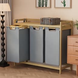 Xbro Wasmand 3 vakken – 125L/mand – Stoffen Wassorteerder met Bamboe houten frame – Met 3 zij-opbergvakken – 94 × 33 × 78 cm (B × D × H) — thumbnail 3
