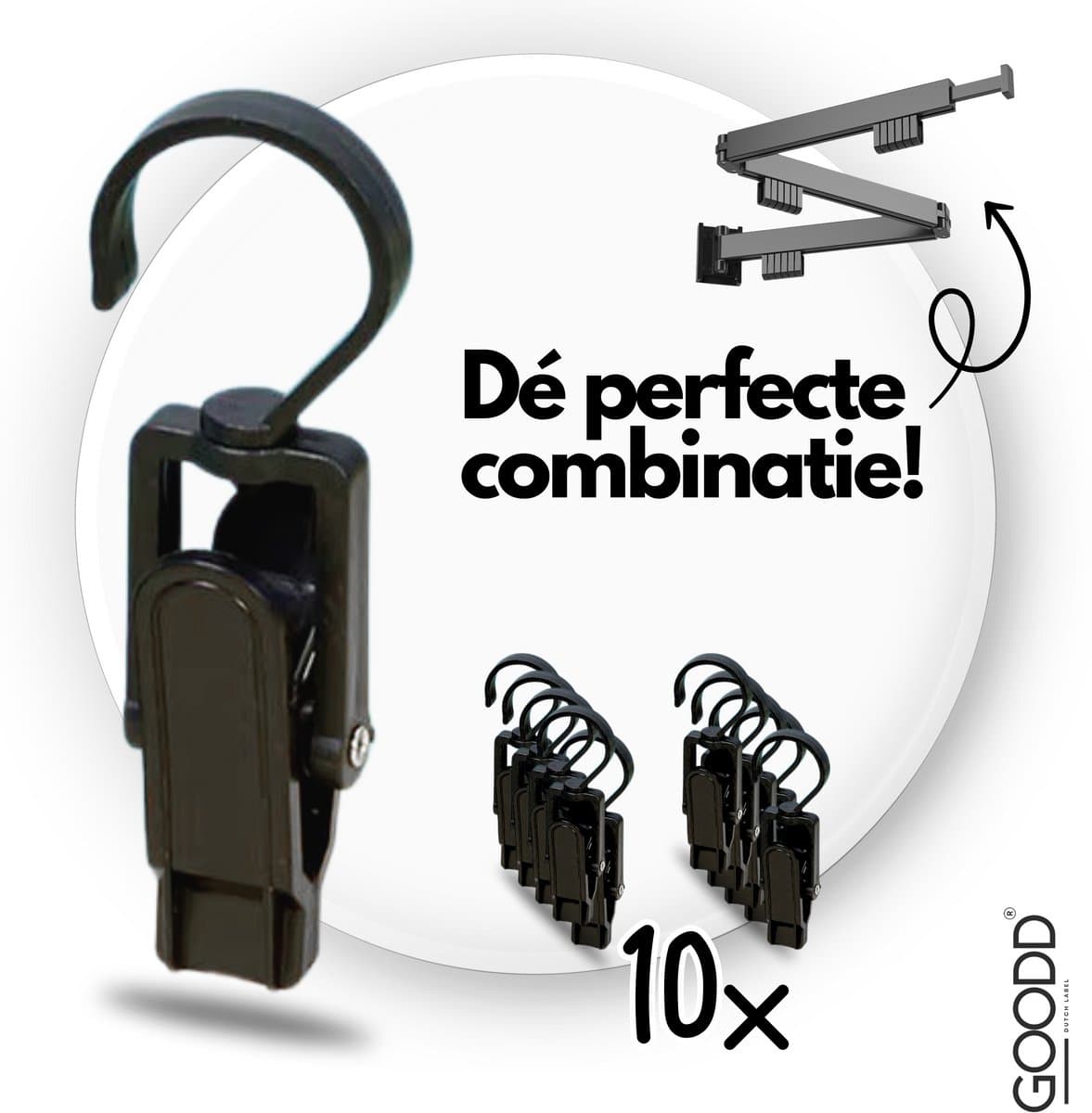 GOODD® - Wasknijpers - Knijpers - 10 STUKS - Met haak - Zwart - Droogrek knijpers - Wasrek knijpers — afbeelding 1