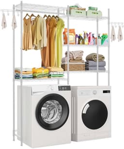 Opbergrek voor wasmachine en droger - Overzetrek - Met 5 Lagen - Kledingstang en Haken - Verstelbare Planken - Vrijstaand - Wit — thumbnail 1