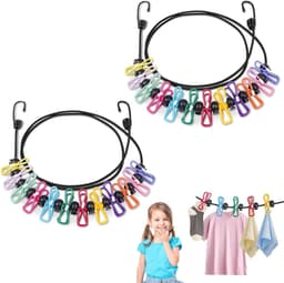 Intrekbare waslijn voor op reis - 1,8 meter lang - 2 stuks - inclusief 12 wasknijpers - draagbaar en ideaal voor camping en outdoor gebruik. — thumbnail 1