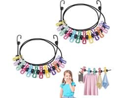 Intrekbare waslijn voor op reis - 1,8 meter lang - 2 stuks - inclusief 12 wasknijpers - draagbaar en ideaal voor camping en outdoor gebruik.