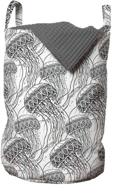 ABAKUHAUS Kwalwaszak, Zentangle oceaanwezen, wasmand met handvatten, trekkoord voor wasserettes, houtskoolgrijs en wit — thumbnail 4