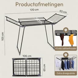 Meisterhome - Extra Groot Droogrek - Zwart- inklapbaar – Droogtoren - 25 meter drooglengte – Extra stevig en licht - Wasrek van carbon staal – Tot 30kg wasgoed — thumbnail 4