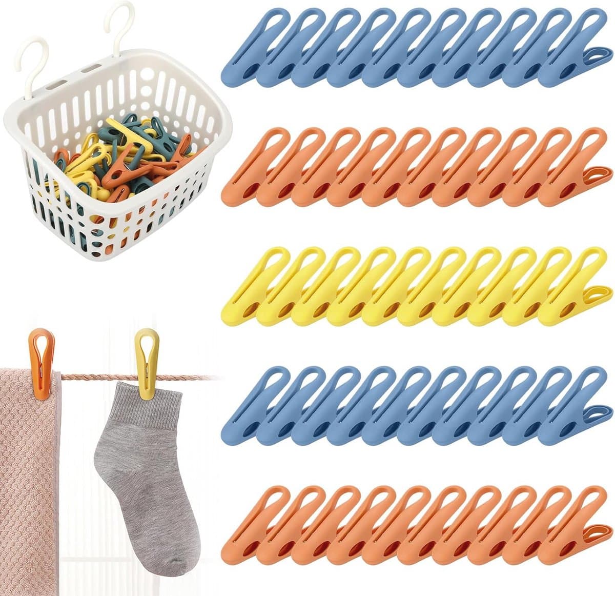50 stuks kleurrijke wasknijpers met mand - antislip, zonder afdruk, ideaal voor kledingdroging — afbeelding 1