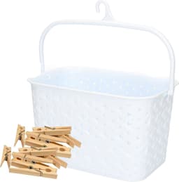 Wasknijpers mandje met ophanghaak - wit - gevuld met 96x houten wasknijpers van 7 cm - was ophangen — thumbnail 1