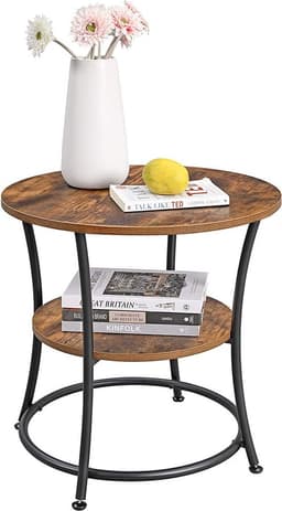 Bijzettafel - rond - 2 planken - diameter 55 cm - zwart met bruin - metaal en houtlook — thumbnail 4