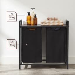xDays Wasmand 2 vakken – uitschuifbaar met plank - 73 x 33 x 71 cm - wassorteerder - 88 liter verdeeld over 2 zakken – wasmanden zwart metaal en bruin hout — thumbnail 2