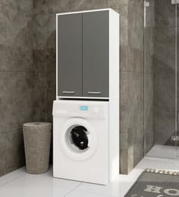 Badkamerkast voor Wasmachine FIN / Hoge Wasmachinekast met 2 Deuren / AKORD Furniture Factory / Wit - Grafietgrijs / 64 x 180 x 30 cm — thumbnail 2